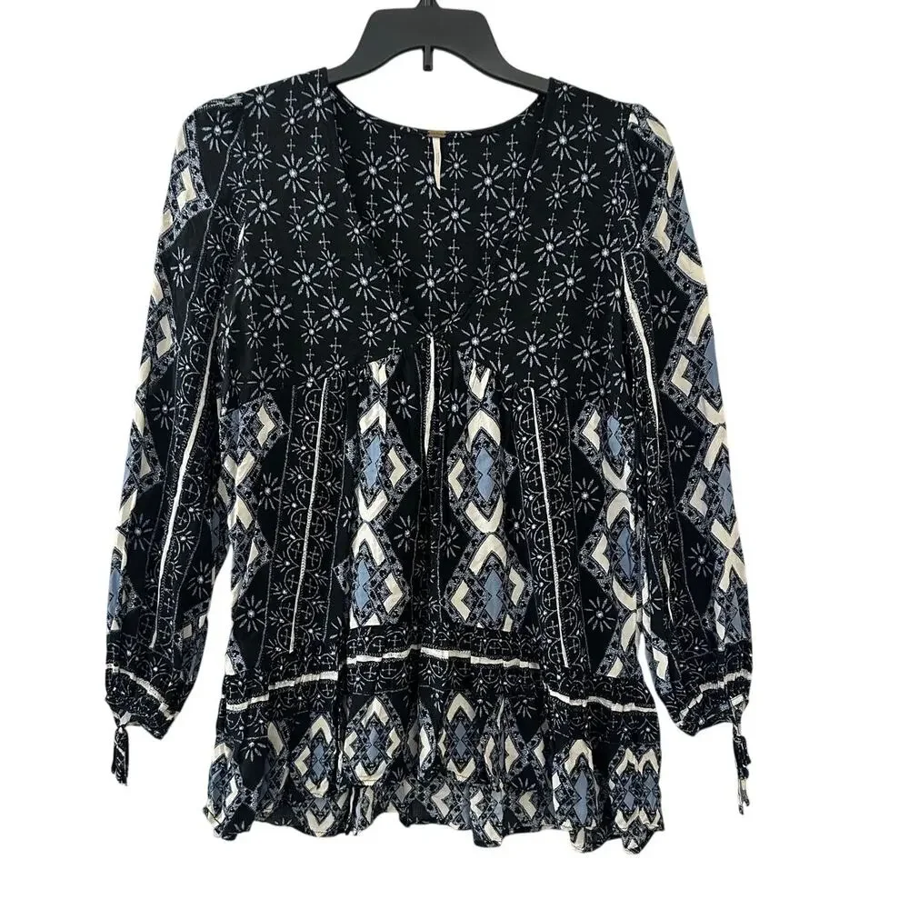 Free People Down by The Bay Tunic Top S Black Boho Flowy